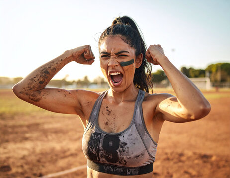 Empowered woman covered in mud screams in triumph at sunset. This highenergy photo symbolizes resilience and strength, ideal for motivational content, sports ads, and fitness campaigns.