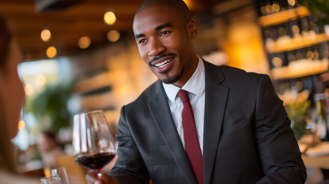 Sommelier explains wine pairing to attentive diner during multi-course tasting menu, gestured hand over burgundy glass, intimate restaurant booth setting, perfect for tasting menu experience educati