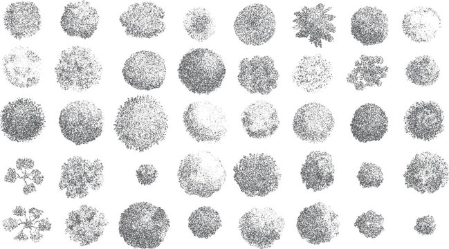 Collection of diverse grey textured circular shapes and organic forms created with stippling technique on white background