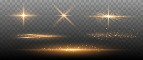 Golden glowing lens flare set with sparkling particles and light streaks isolated on transparent background luxury overlay effect