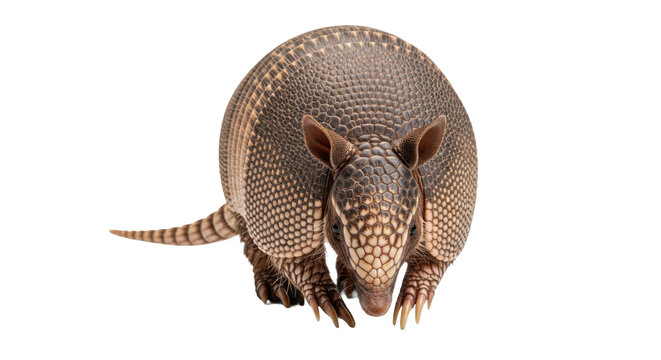 Armadillo curled up and facing forward with visible scales and claws isolated on transparent background