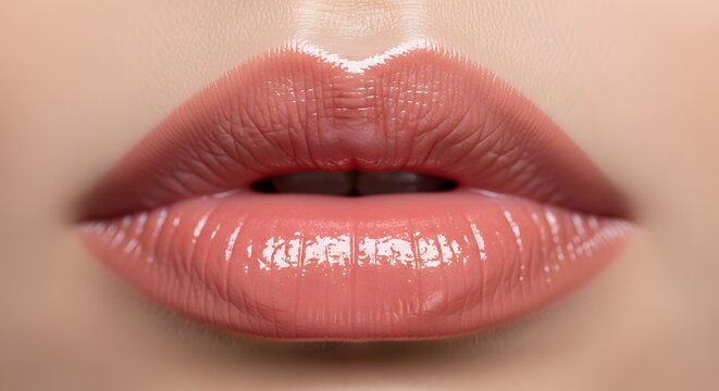 Close-up of glossy natural lips with smooth skin texture.