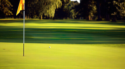 Obraz premium golf. Ancient golf course green glowing in morning light, manicured grass surface. event key visuals, club posters, designed for fitness apps and gym onboarding, used by fitness trainers. 