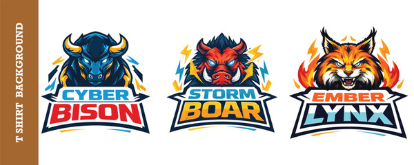 Esports mascot logos set featuring cyber bison storm boar and ember lynx character designs. © jubayer95