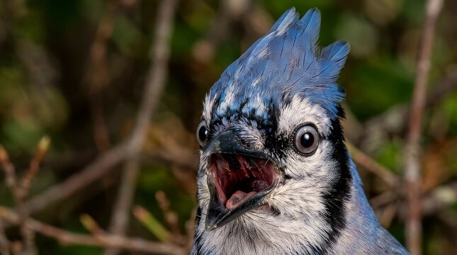 Blue jay bird close up with wide eyes expression meme style wildlife portrait