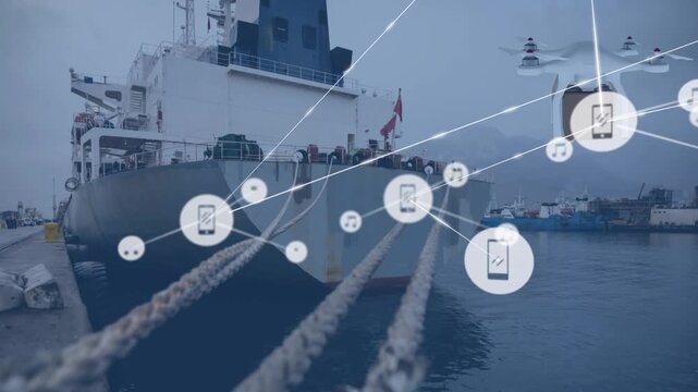 Network of digital icons and drone carrying a delivery box against a ship in the sea