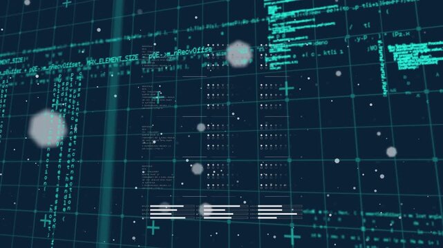 Animation of computer code over navy background with white dots