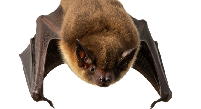 A brown bat with dark wings and pointy ears isolated on transparent background hanging upside down looking forward with big eyes
