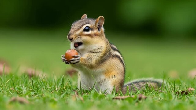 Eastern chipmunk holding a small nut while sitting on a lush green lawn in a bright natural garden environment