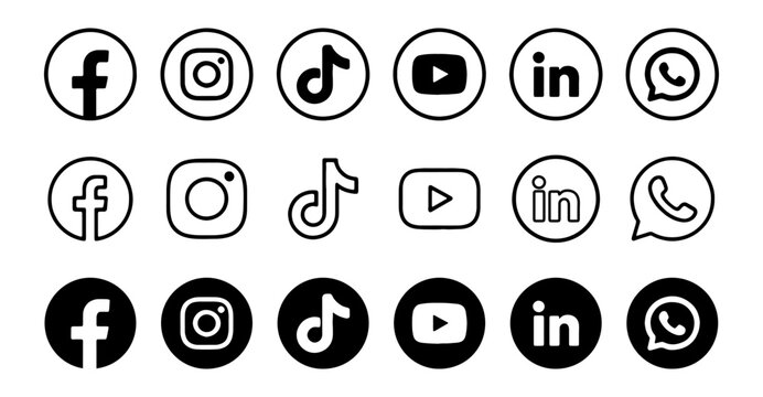 Social media black and white icon set. Facebook, instagram, tiktok, youtube, whatsapp logos collection, outline and flat style, vector button set 2026