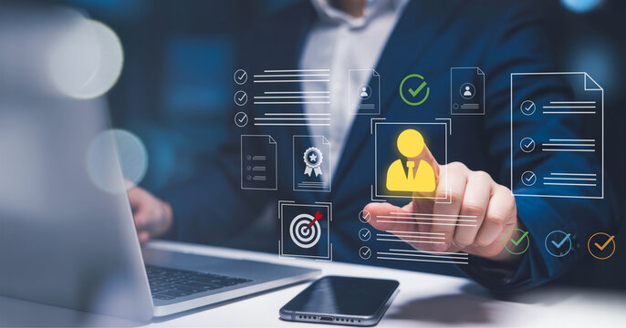 A businessman leveraging smart technology to verify digital identity and KYC documents for online profile approval, showcasing secure authentication and onboarding