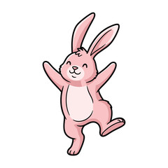 Obraz premium A happy pink bunny with long ears and a light pink belly stands on two feet with its arms outstretched, smiling cheerfully