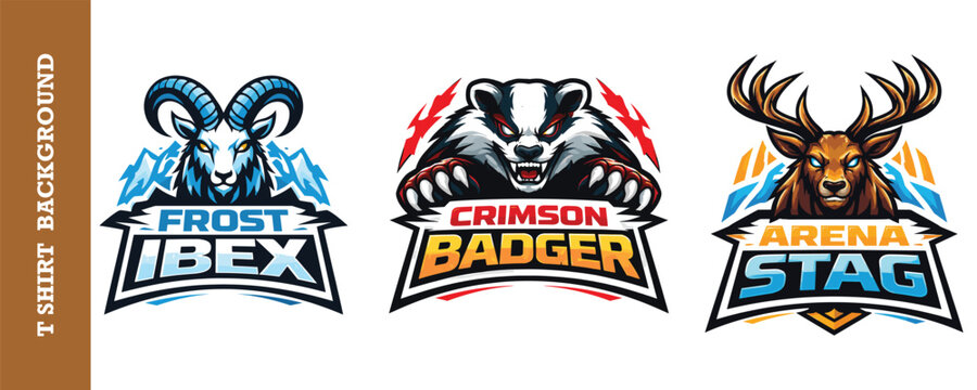 Mountain wildlife mascot designs including frost ibex crimson badger and arena stag icons.