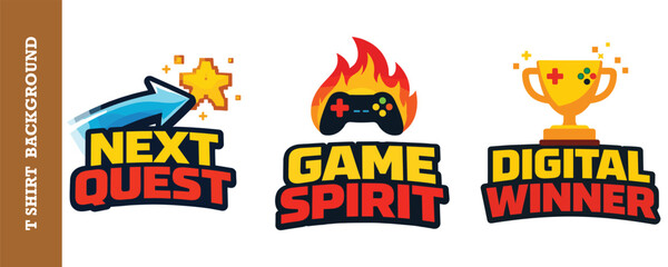 Fototapeta premium Next quest game spirit digital winner trophy controller fire pixel star logo.
