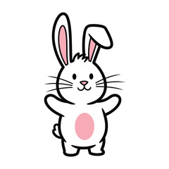 Obraz premium A cute cartoon white bunny with pink inner ears and a pink oval belly stands with arms outstretched