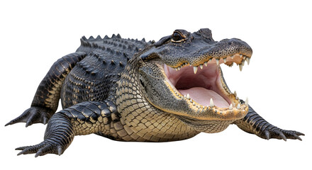 Fototapeta premium A large crocodile with its mouth open, showcasing sharp teeth on a black background