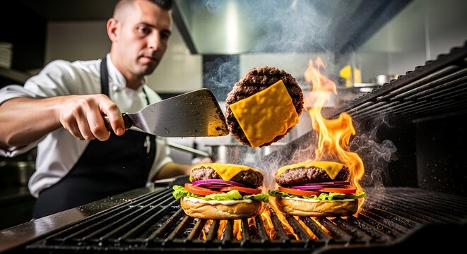 Master Chef's Culinary Artistry: A skilled chef meticulously crafts delectable hamburgers on a blazing grill, showcasing culinary precision. The sizzling flames, cheese melting.