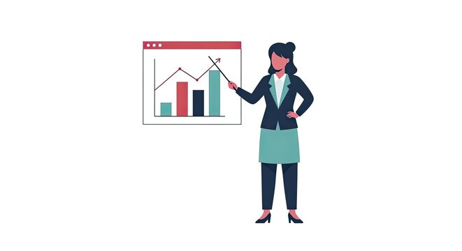 Business woman presenting financial data analysis on a growth chart showing success and professional marketing strategy for corporate growth