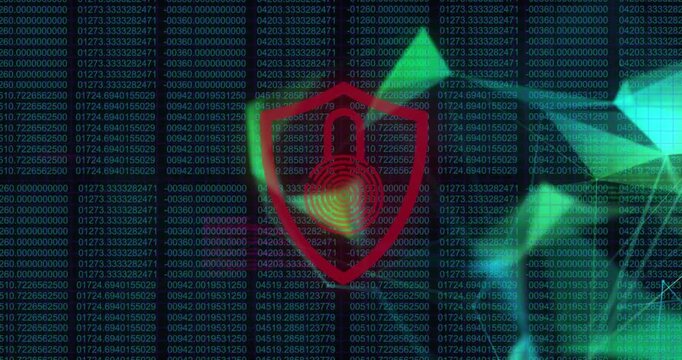 Animation of security padlock icon and plexus network against binary coding on blue background