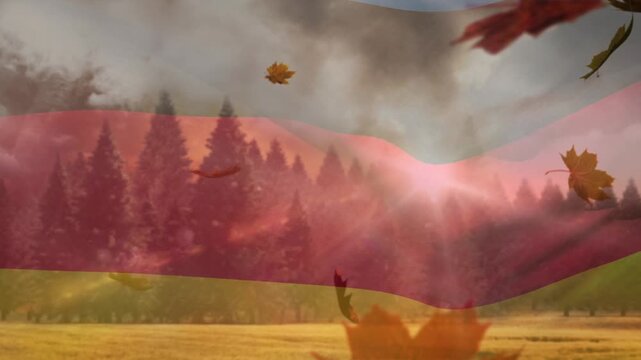 Animation of autumn leaves falling over flag of usa and germany