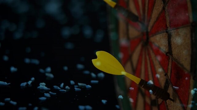 Animation of blue particles moving over close up of a yellow arrow over dart board