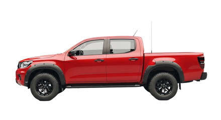 Obraz premium Red pickup truck with black fender flares and wheels isolated on transparent background