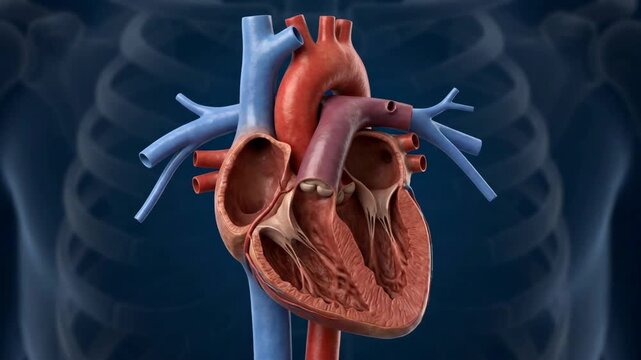 Human heart anatomy illustration showing internal chambers and valves inside a blue skeletal rib cage silhouette