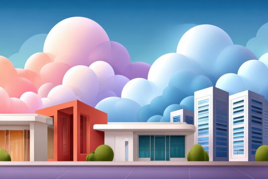 Modern city skyline with pastel clouds and futuristic buildings in a dreamlike setting