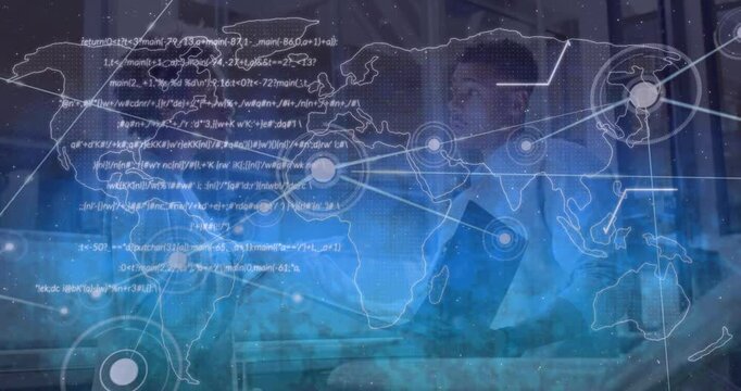 Animation of network of connections and world map over two diverse business people