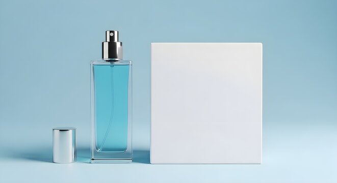 Elegant rectangular glass perfume bottle with blue liquid and a white box, showcasing luxury and freshness