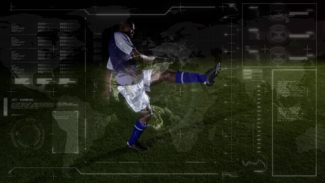 Animation of data processing with globe over african american football player
