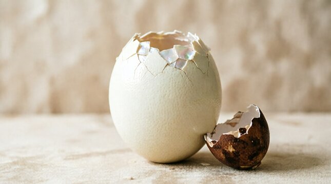 Artistic composition of cracked white ostrich and brown chicken eggshells on warm beige background. Minimalist food photography with soft lighting, perfect for culinary, nutrition, and breakfast conce