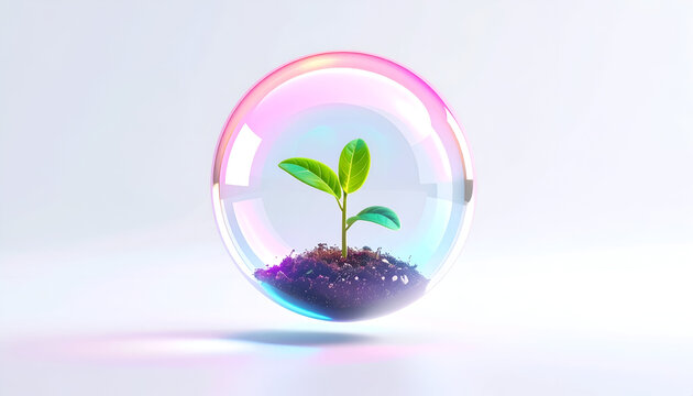 Green seedling growing inside transparent bubble concept of protection and environment