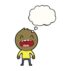Obraz premium A cartoon drawing of a person with brown skin and a yellow shirt, with a thought bubble above their head, against a white background