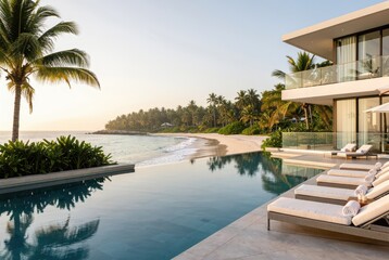 Fototapeta premium Tropical resort, outdoor swimming pool. Paradise. Tourism. Travel. Relaxation. Calmness. Vacation.