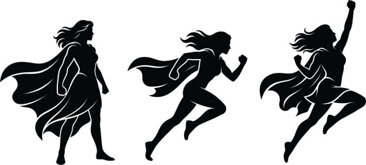 Female superhero silhouettes set with running jumping and standing poses black vector illustration collection for comic and hero design © Kharshad Creative