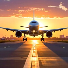 Fototapeta premium A large airplane landing on a runway during sunset (3)