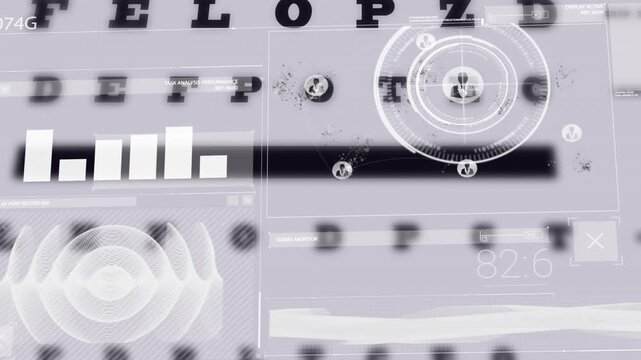 Animation of digital interface with data processing over snellen eye chart against white background