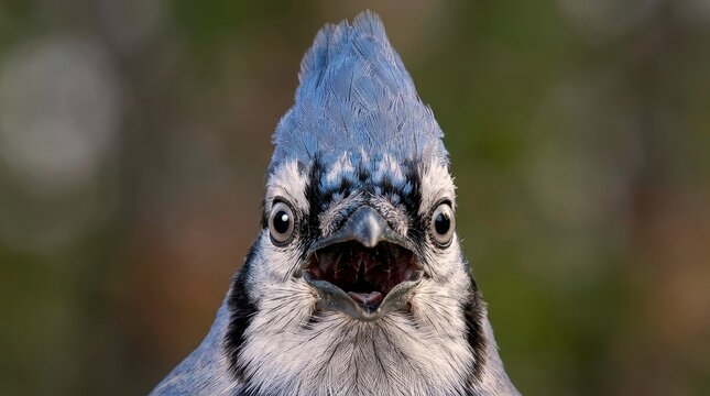 Blue jay bird close up with wide eyes expression meme style wildlife portrait