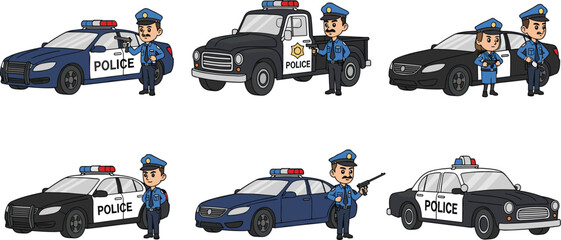 Cartoon Police Officer Vector Set Featuring Various Police Cars, Uniforms, and Action Poses for Law Enforcement and Security Designs © MstRoysha