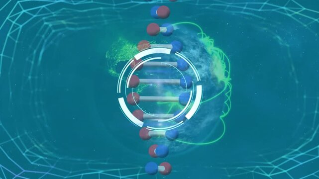 Animation of round scanner over spinning dna struture against light trails over spinning globe