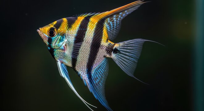 Vibrant Freshwater Angelfish (Pterophyllum scalare) with Yellow and Black Stripes in Close-up on Black Background