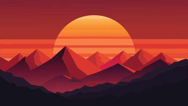 A minimalist vector illustration featuring a large orange sun setting behind layered mountains
