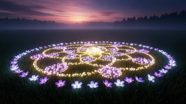 Floral mandala design illuminated on grass at sunset