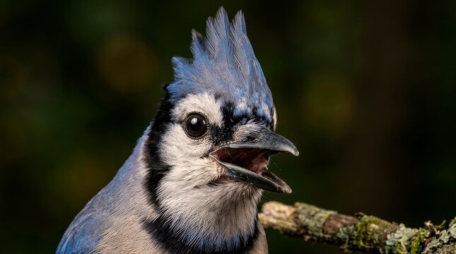 Blue jay bird close up with wide eyes expression meme style wildlife portrait