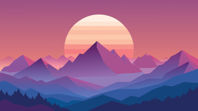 A minimalist flat vector landscape featuring a giant sun rising over a range of purple mountains