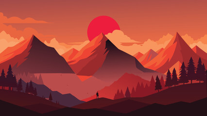 A lone silhouette stands before a vast mountain range under a glowing red sunset in the wilderness © CreativeKamrul