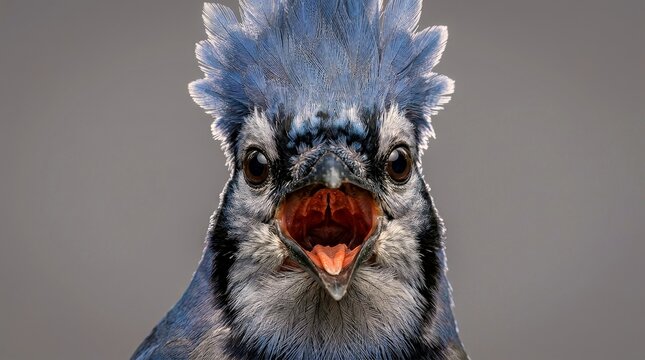 Blue jay bird close up with wide eyes expression meme style wildlife portrait