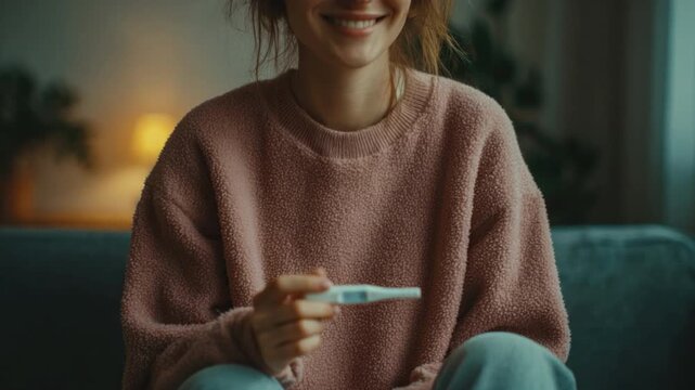 Joyful Anticipation: A woman radiates happiness as she holds a positive pregnancy test, a moment of profound emotion and the beginning of a new chapter in life.