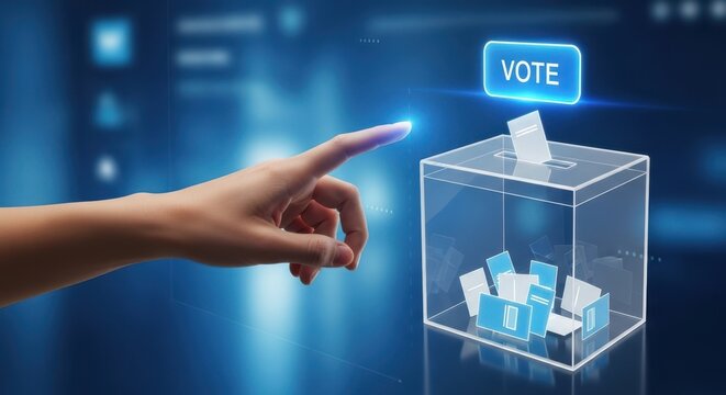 Hand interacting with digital ballot box on digital screen, voting tech, blue blurred background, realistic style.